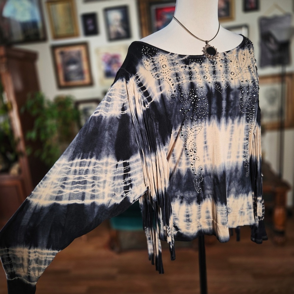 Vocal Top Womens Y2K Black Tan Tie Dye Fringe Rhinestone Studded Western Boho